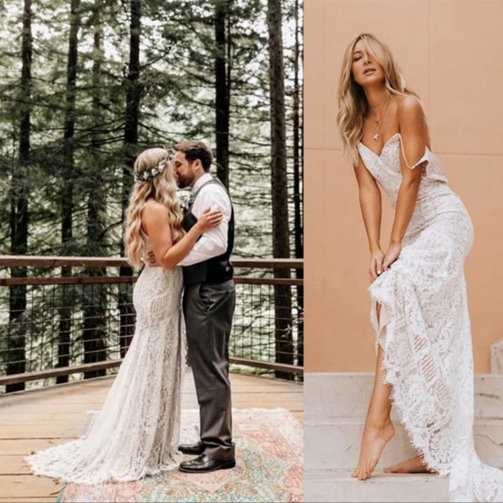 Beautiful Lulu’s lace wedding dress with nude lining